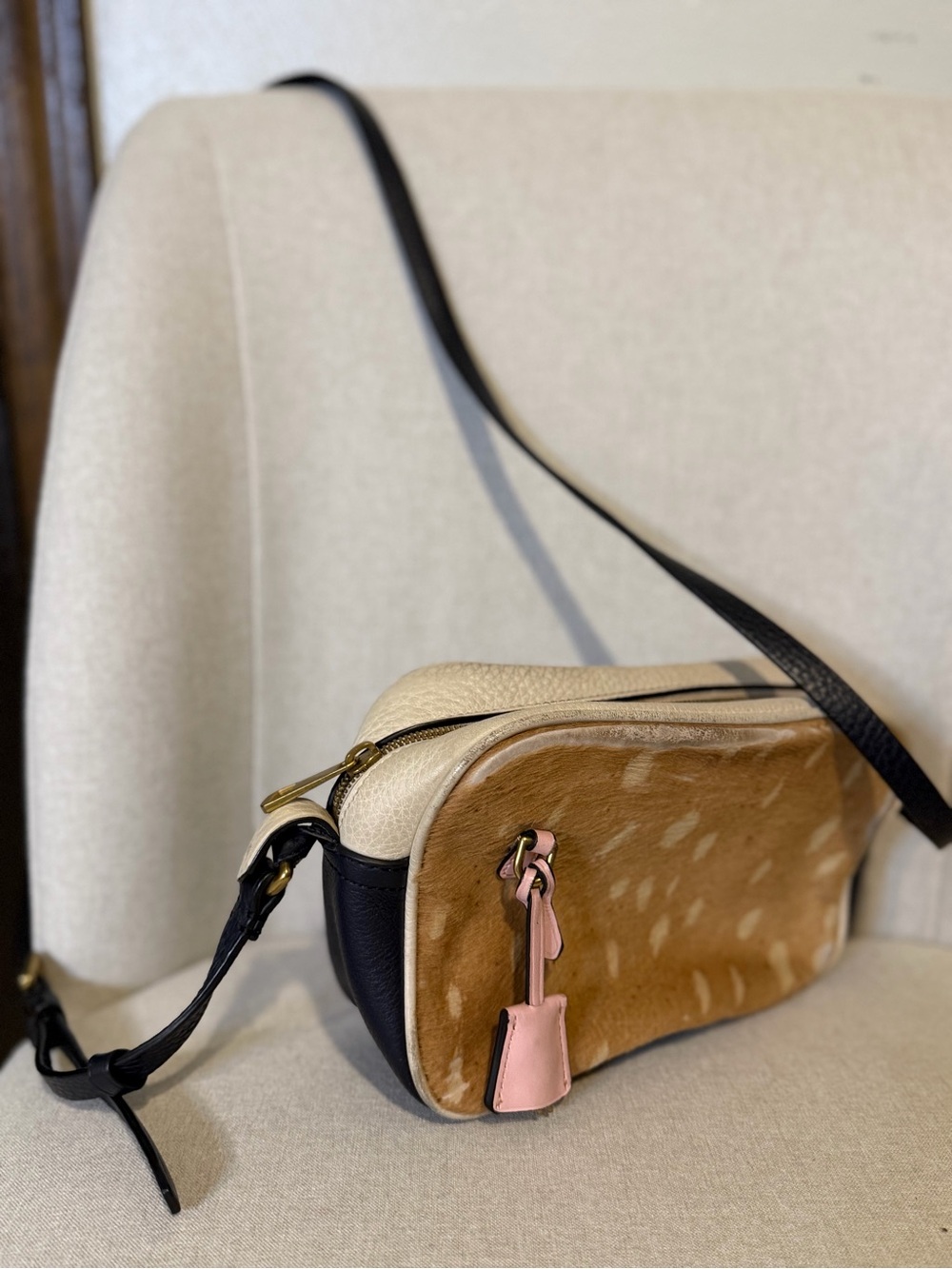 J. Crew Tan and Black Crossbody Camera Bag with Pink Charm